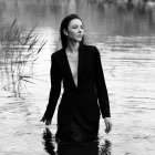 Woman in Black Dress Standing in Serene Lake with Tree Reflections