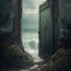 Turquoise door in rocky cave reveals turbulent sea view