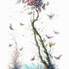 Whimsical tree with blooming flower and butterflies in serene watercolor scene