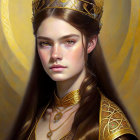 Young woman in golden crown and armor with braided brown hair.