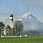 White Church with Steeple in Green Meadow Watercolor Painting