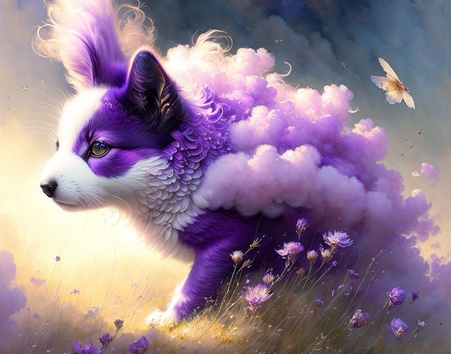 Whimsical purple and white fluffy creature with flowers and butterfly