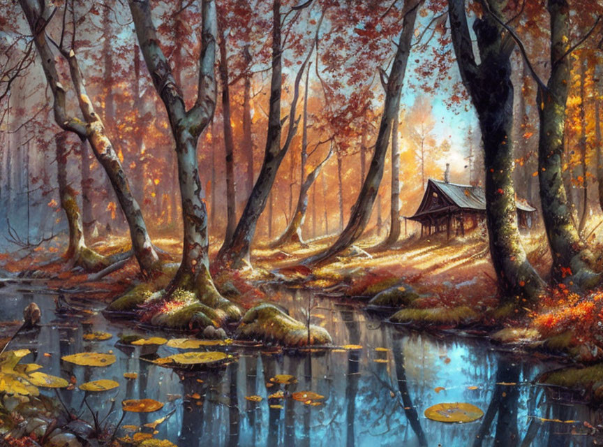 Enchanted forest with wooden cabin, autumn foliage, sunlight, and serene pond