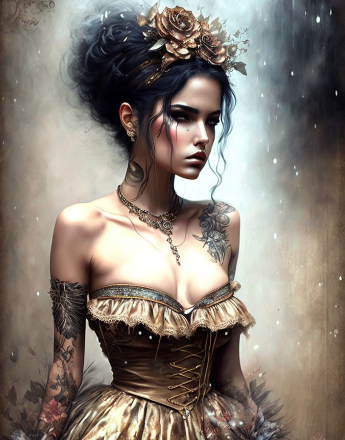 Gothic woman with floral crown, tattoos, vintage dress in moody setting