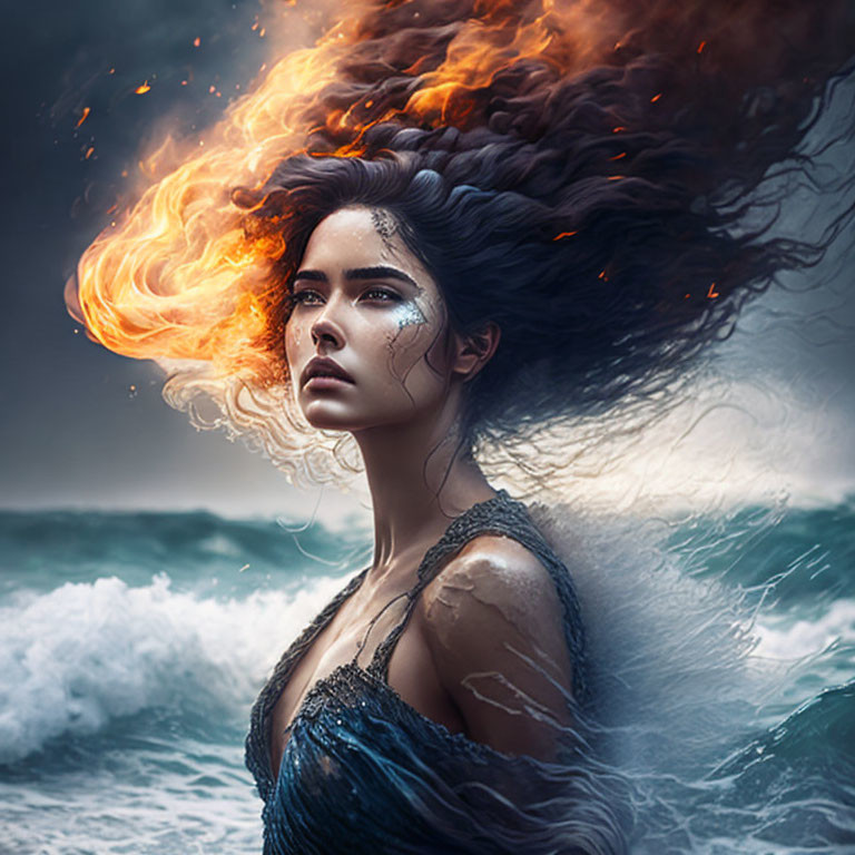 Fiery-haired woman blending into stormy seascape with intense gaze