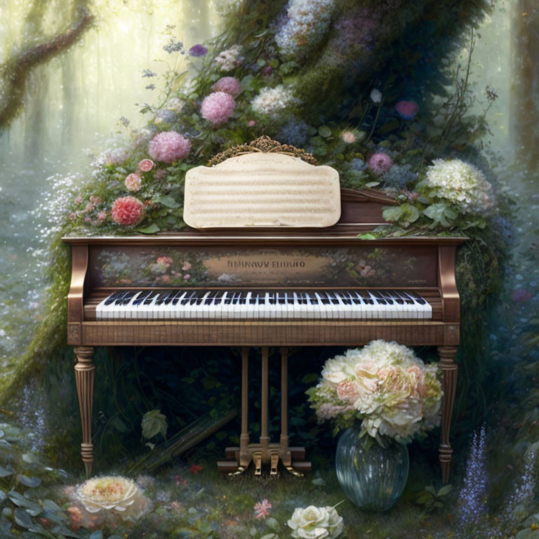 Ornate flower-adorned piano in mystical forest setting