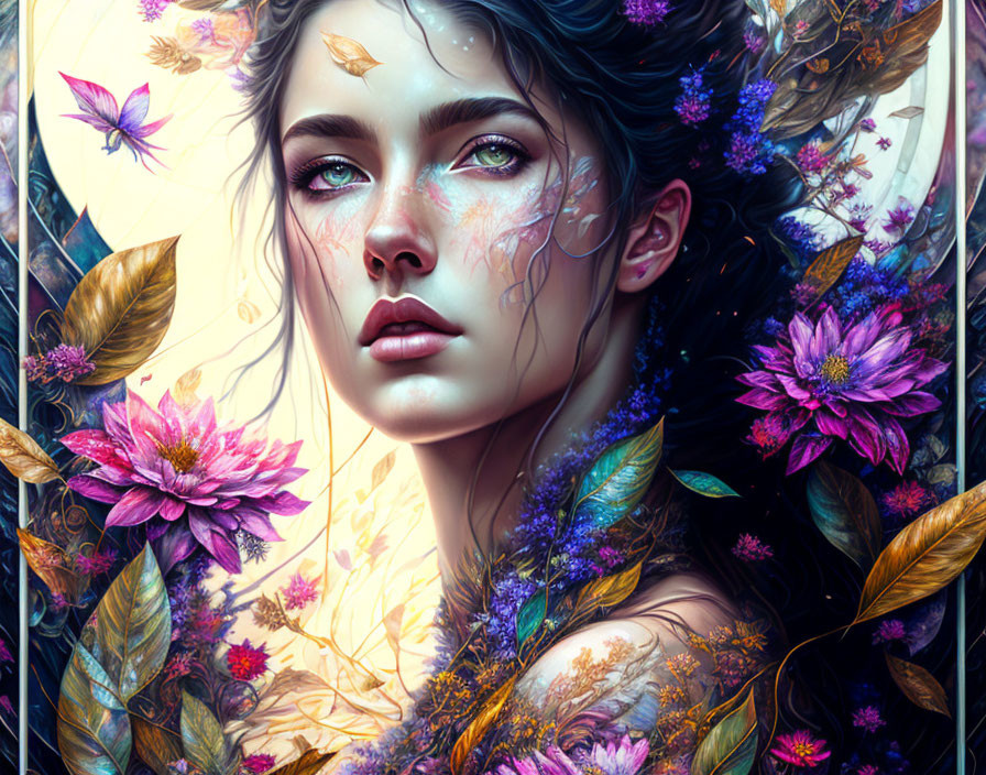 Vibrant floral-themed artwork featuring mystical woman