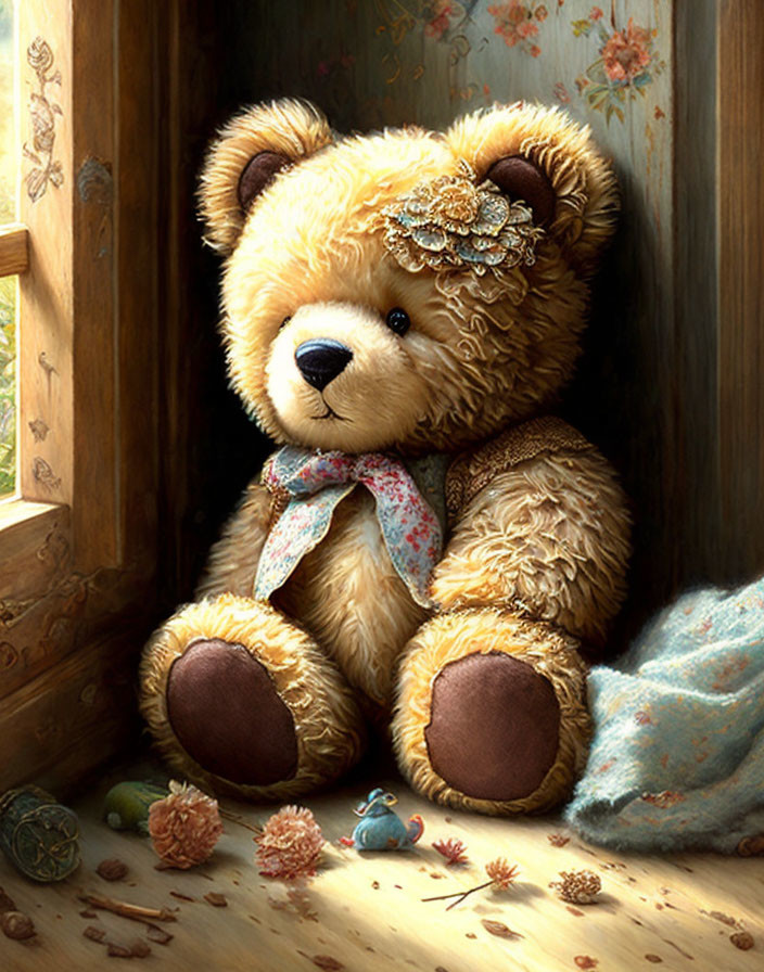 Teddy bear with bow and flower headband by window with acorns, blue blanket, and toy