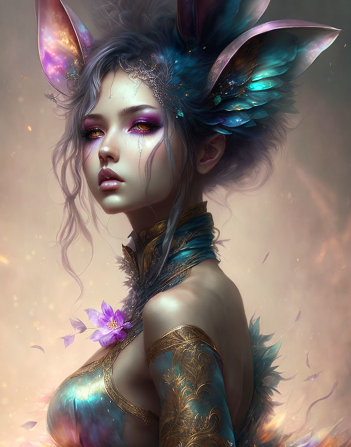 Fantastical female figure with butterfly wings and gold feathers in dreamy setting