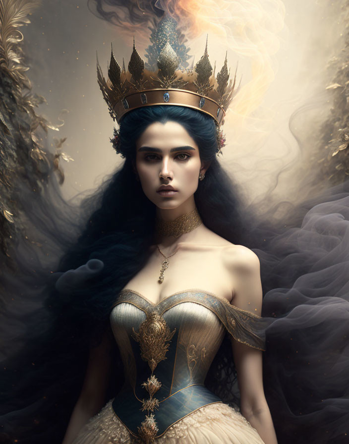 Dark-haired woman in ornate crown and golden dress amid ethereal smoke