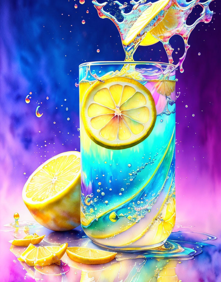 Colorful liquid splashing in glass with lemon slices on purple and blue background