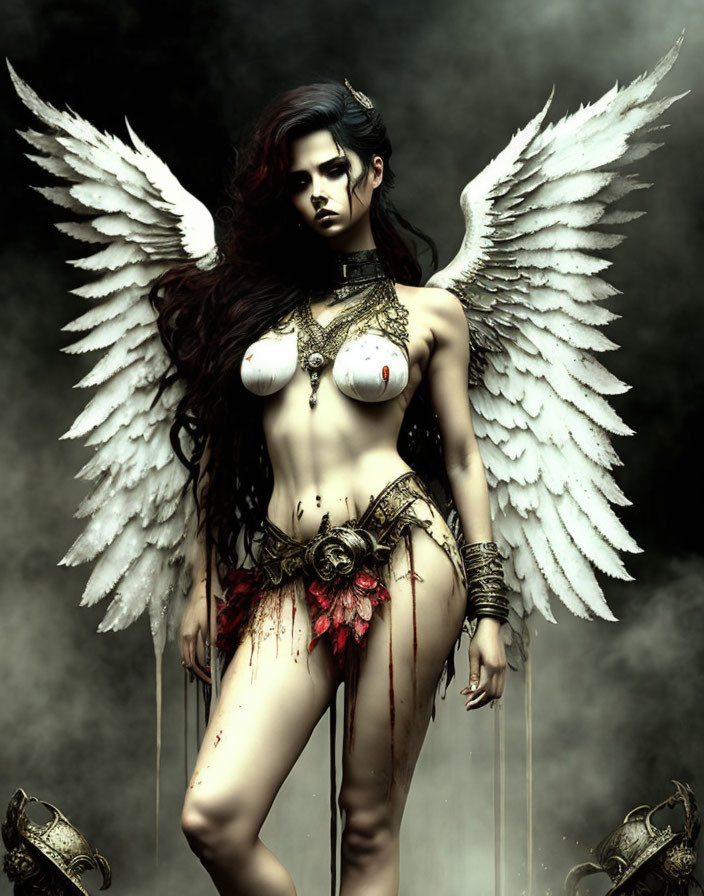 Majestic figure with large white wings and gold jewelry