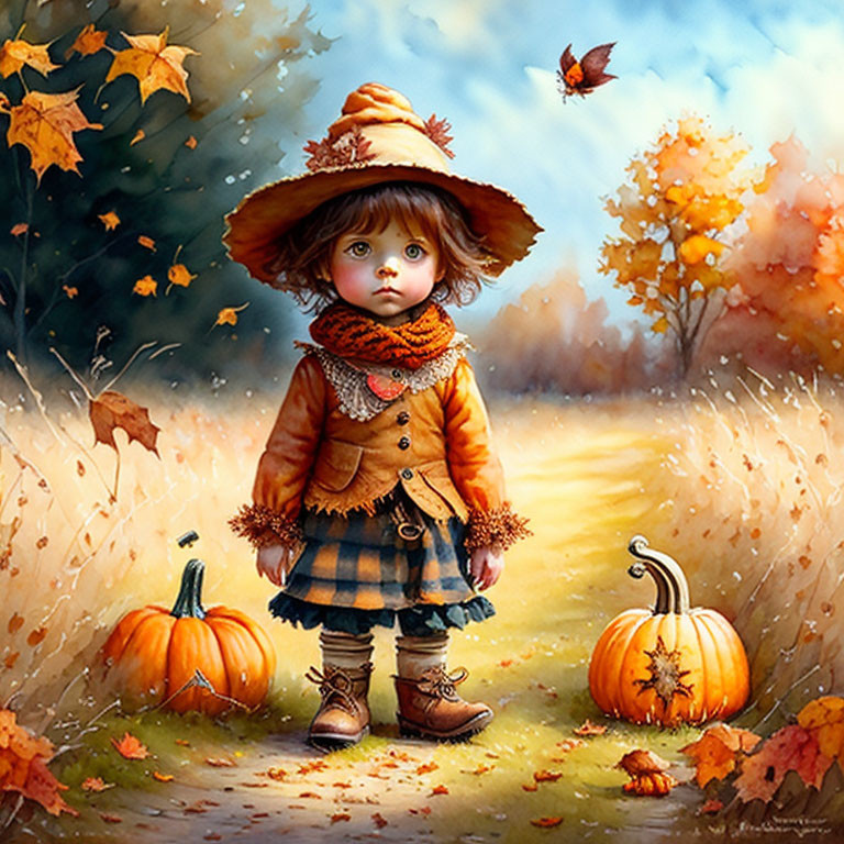 Young girl in autumn attire with pumpkins, fallen leaves, and bird in painting