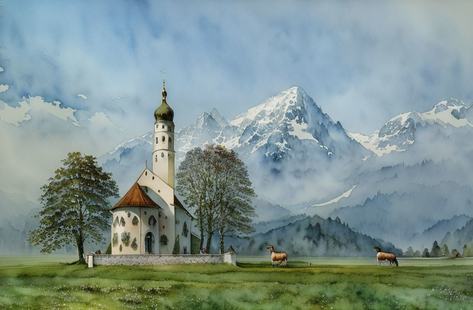 White Church with Steeple in Green Meadow Watercolor Painting