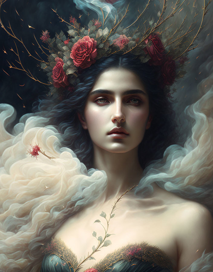 Woman with Floral Crown and Wavy Hair in Mystical Setting