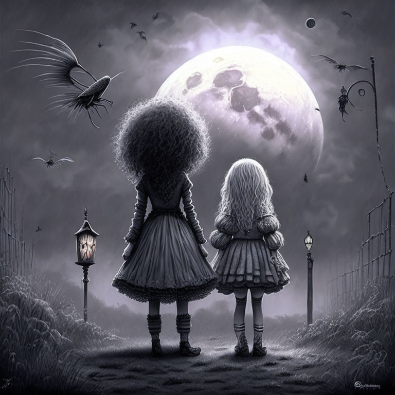 Two girls in front of cemetery under surreal moon and floating fish.