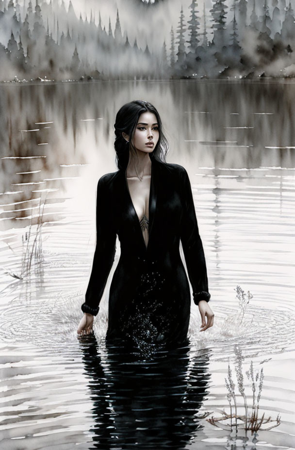 Woman in Black Dress Standing in Serene Lake with Tree Reflections