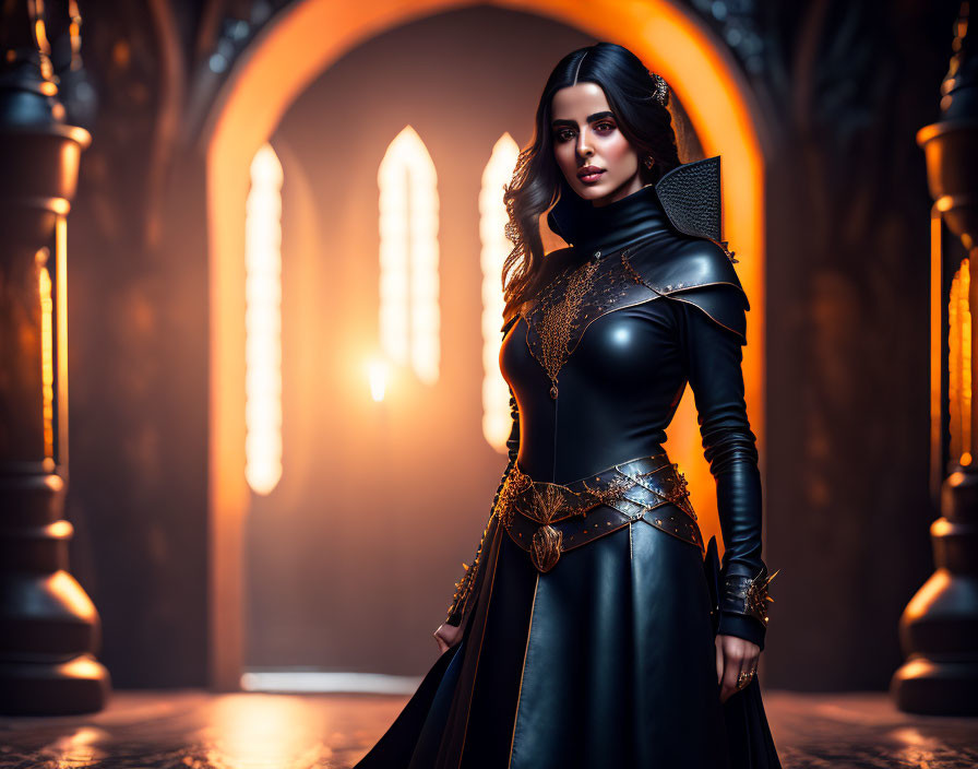 Regal woman in black and gold medieval armor in castle hallway