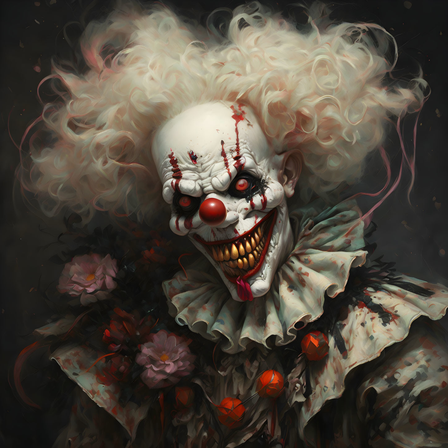 Sinister clown with bloodstained teeth and red eyes on dark background