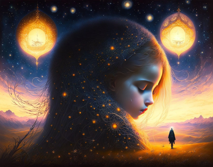 Fantasy art of girl with glowing star-filled hair in sunset landscape