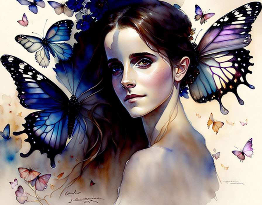 Woman portrait with serene expression and colorful butterflies in realistic watercolor style