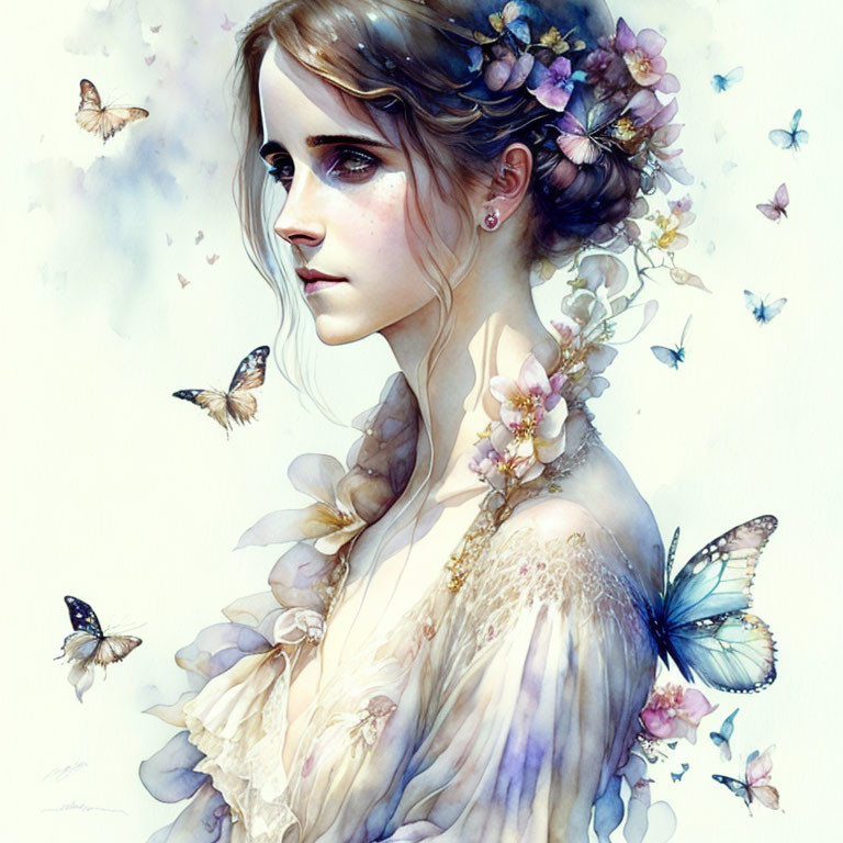 Woman with floral adornments and butterflies in soft pastel colors