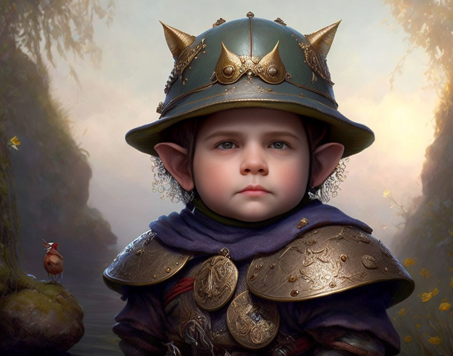 Child in horned medieval fantasy armor amidst mystical foggy forest.