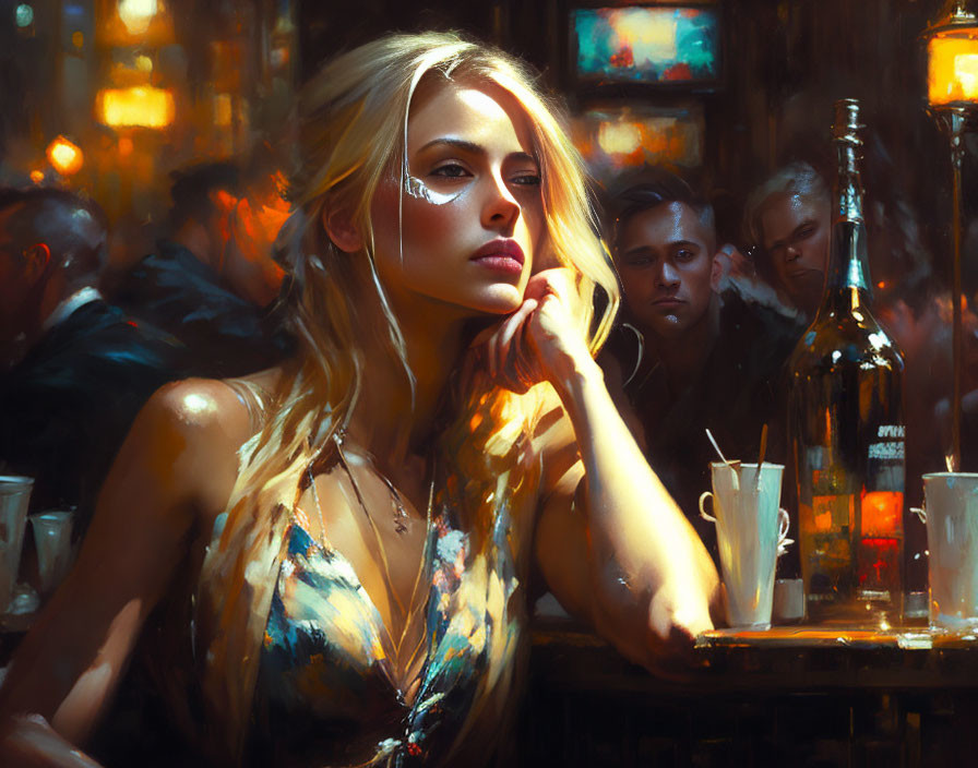 Blonde woman sitting at bar under warm lighting