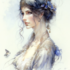 Woman with floral adornments and butterflies in soft pastel colors