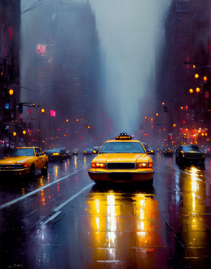 Yellow taxi on rain-slicked city street with red tail lights in focus