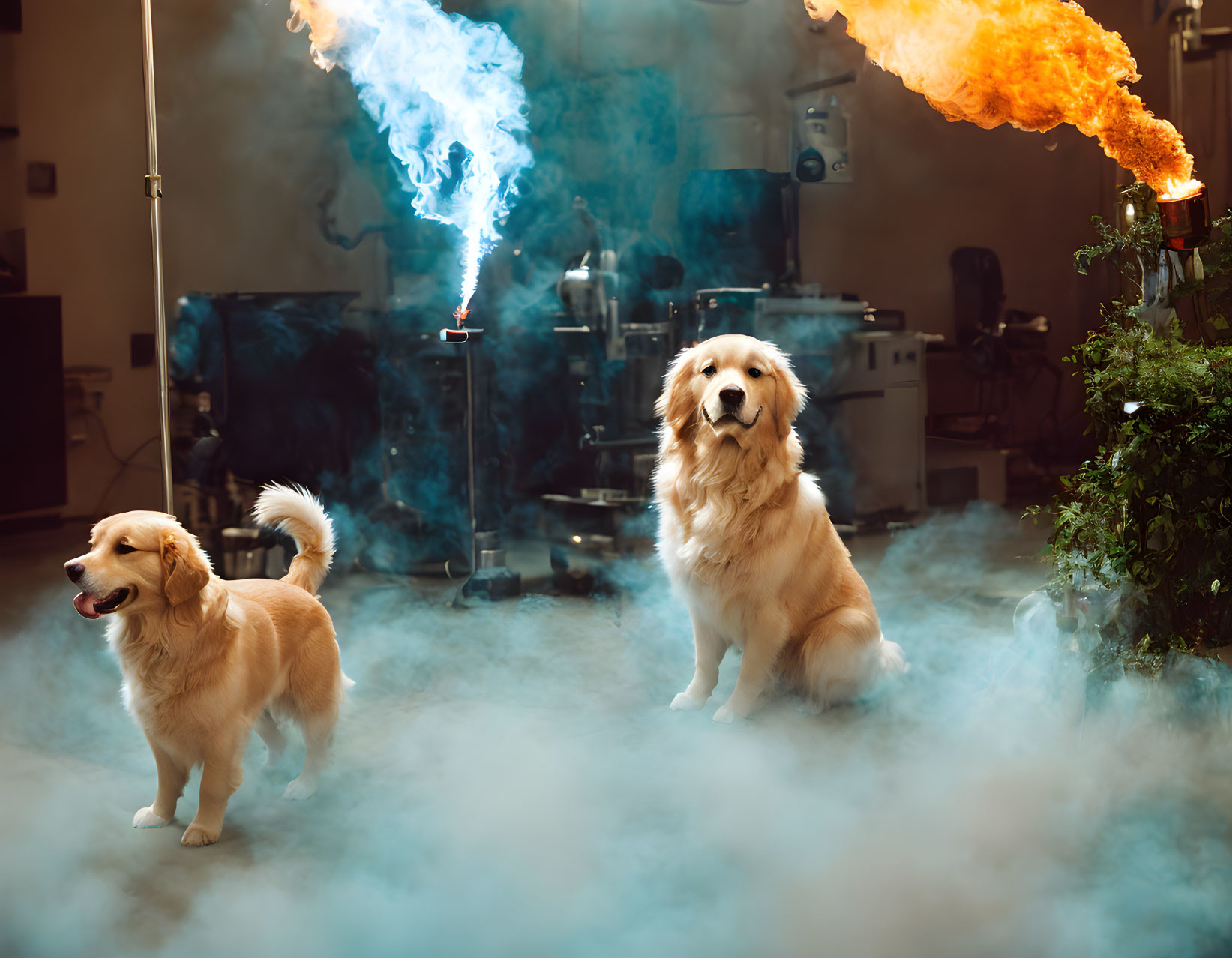 Golden retrievers in fog with blue and orange flames in background