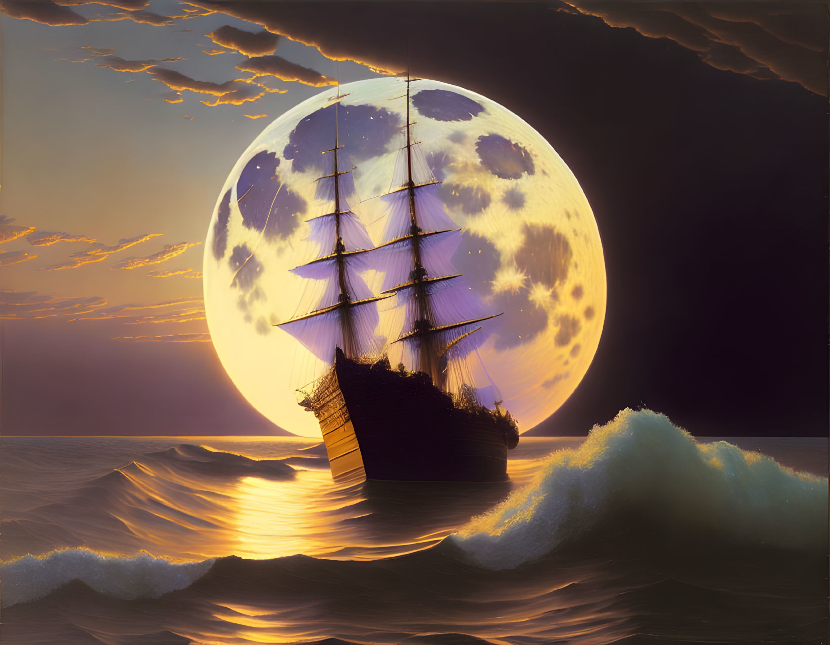 Sailing ship with tall masts on serene sea at twilight with full moon rising