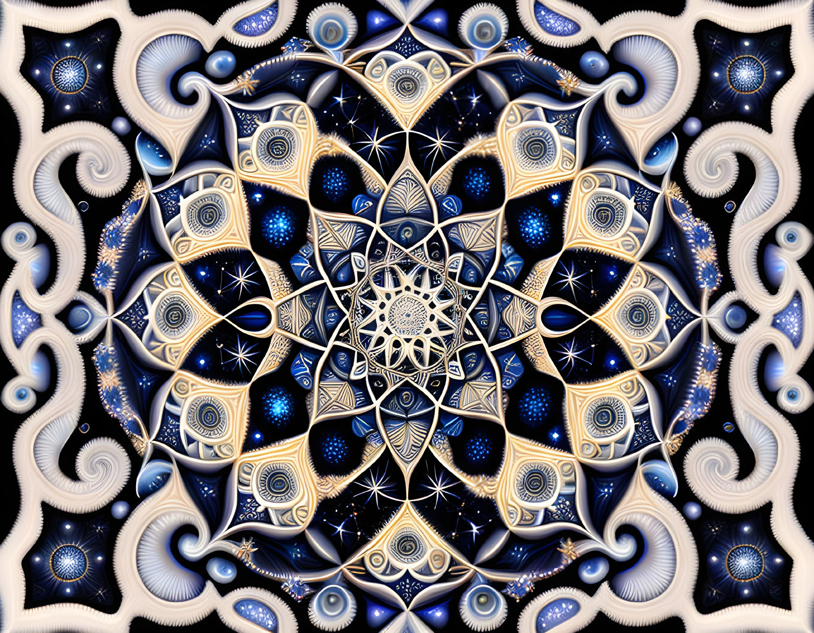 Symmetrical fractal pattern with star and spiral elements in blue, white, and gold on dark background