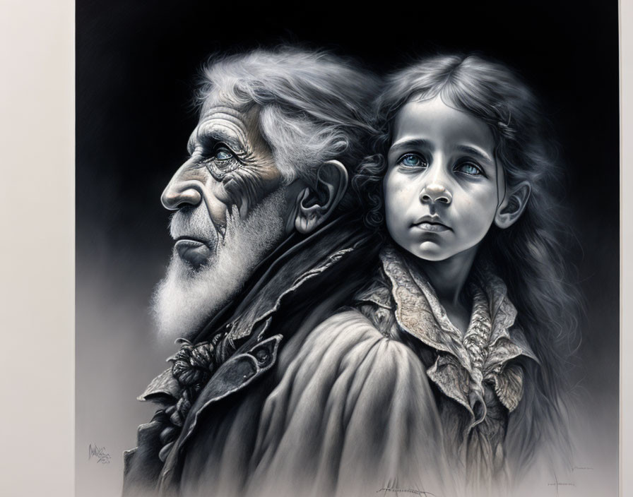 Monochrome portrait of elderly man and child in profile