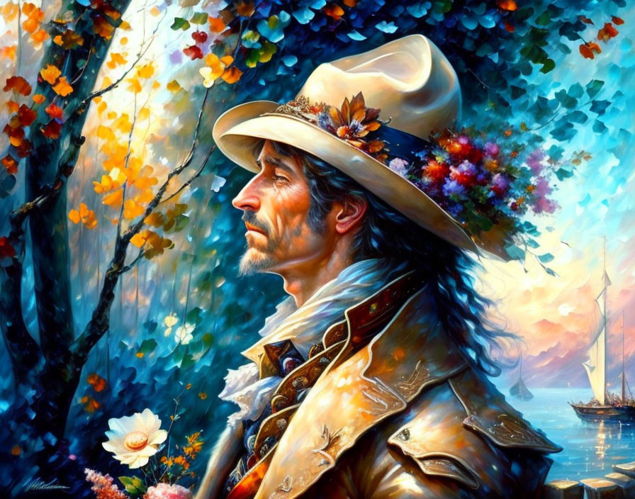 Portrait of pensive man in historical attire with autumn leaves and harbor backdrop