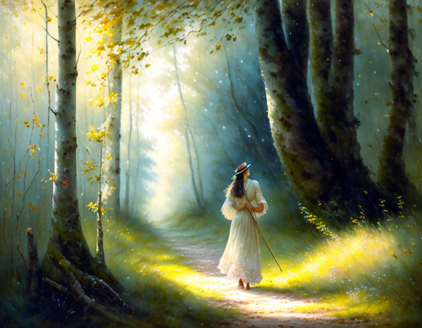 Woman in White Dress Strolling Forest Path Amid Autumn Trees