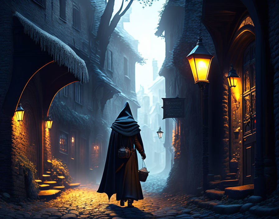 Cloaked figure with basket in medieval cobblestone alley at twilight