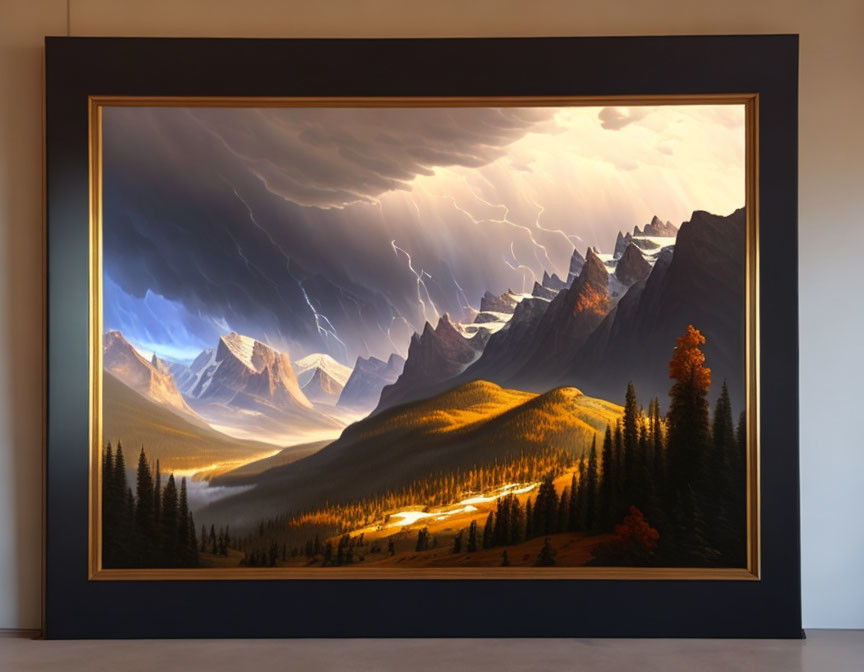 Dramatic framed painting of thunderstorm over mountain landscape