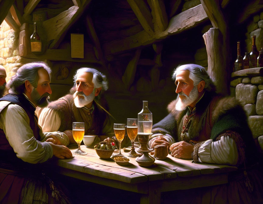 Elderly men in historical clothing chatting at tavern table