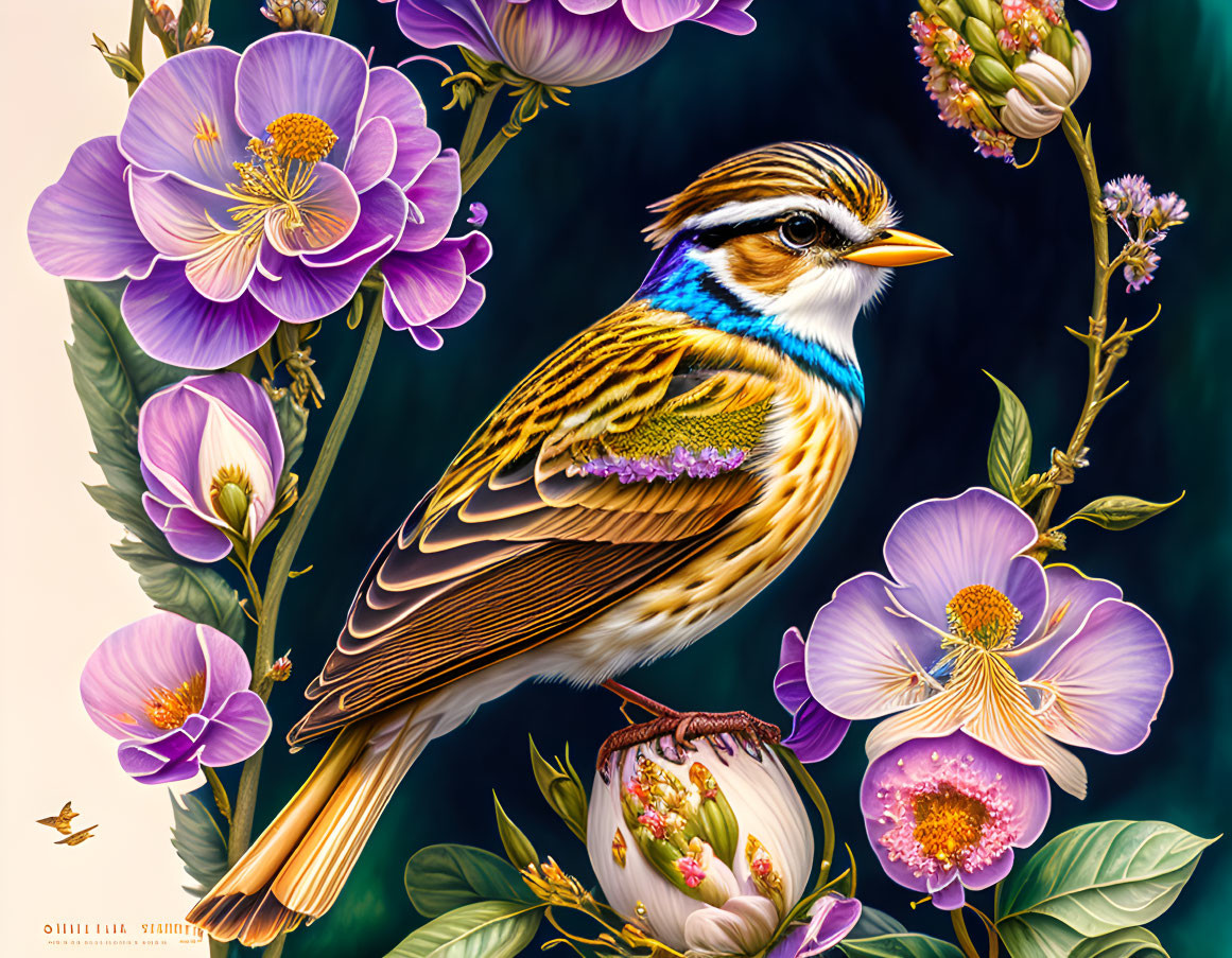 Colorful bird among purple flowers on teal background