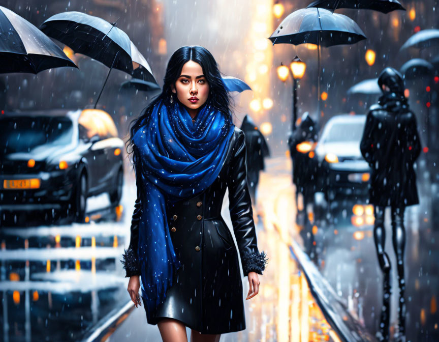 Group of people with umbrellas walking in rain on city street at night