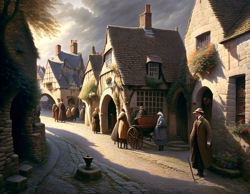Medieval village street at dusk: townsfolk in period clothing, stone houses, cobblestone path