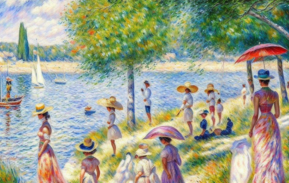 Impressionist painting of elegantly dressed people by a sunny lake