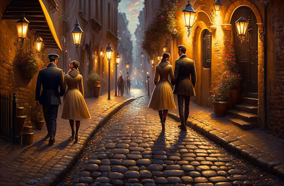 Romantic couple strolling on cobblestone street at twilight