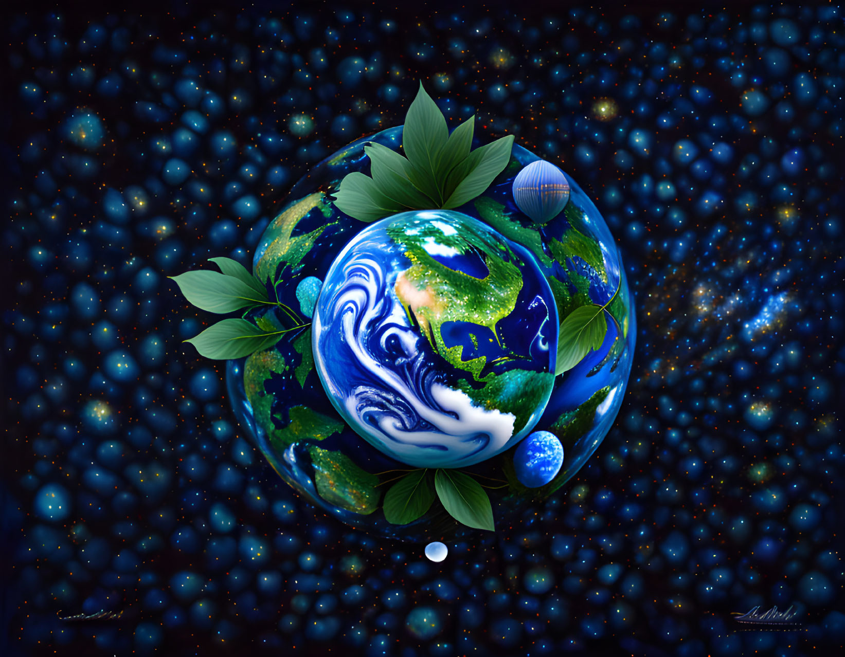 Digital artwork: Earth surrounded by green leaves and celestial bodies in space