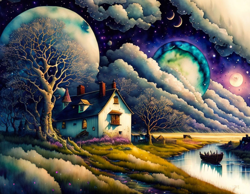 Fantasy landscape with quaint house, two moons, vibrant trees, boat on serene waters