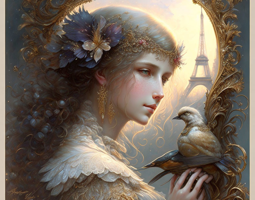 Fantasy portrait of woman with gold and feathers, holding bird, Eiffel Tower backdrop
