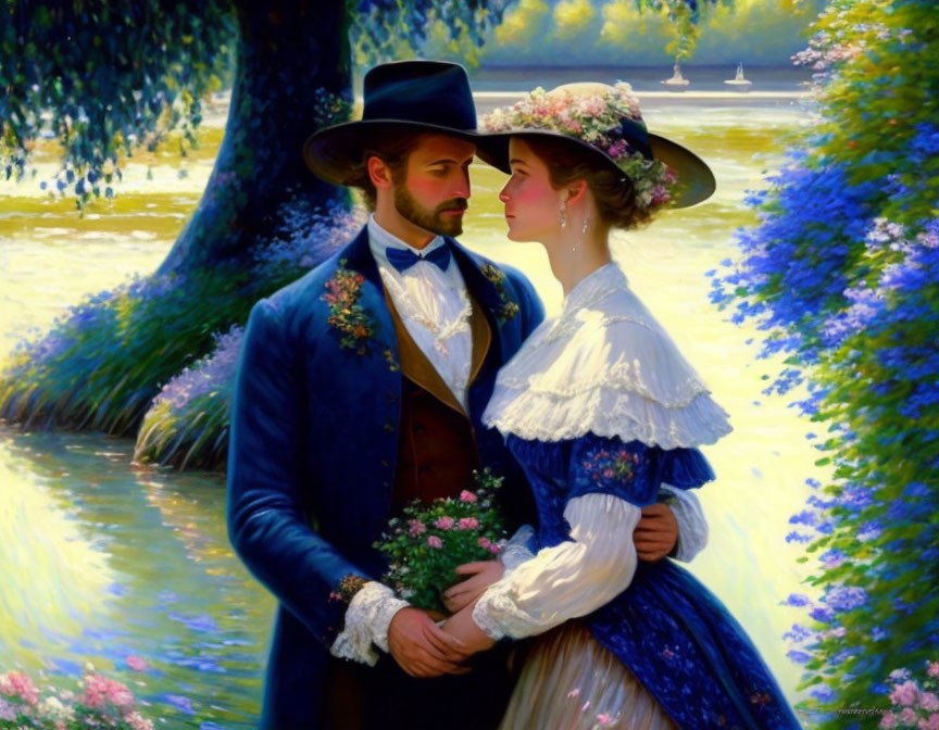 Romantic vintage painting of man and woman in intimate gaze by river