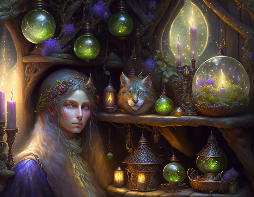 Mystical elf and cat surrounded by glowing orbs, candles, and enchanted flora