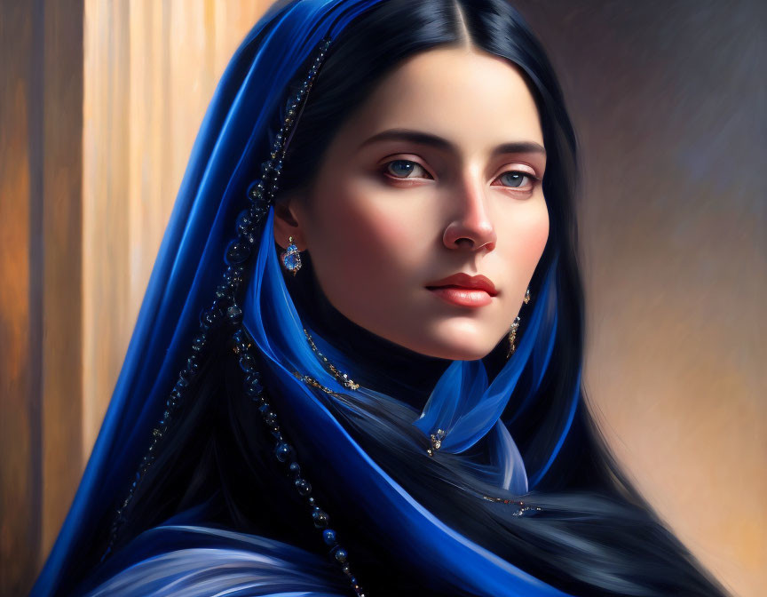 Portrait of woman with dark hair, fair skin, blue veil, and green eyes